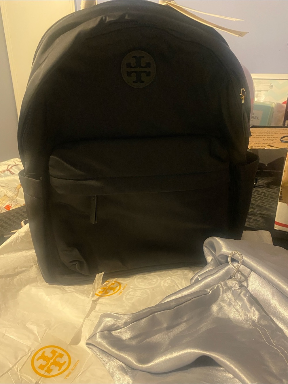 Tory Burch Black Nylon 4 zip compartments Backpack w/Logo Medallion & tissue